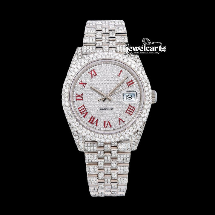 Rolex Datejust Diamond Paved White Dial Red Roman Numerals Iced Out Jubilee Bracelet Moissanite Watch Front View