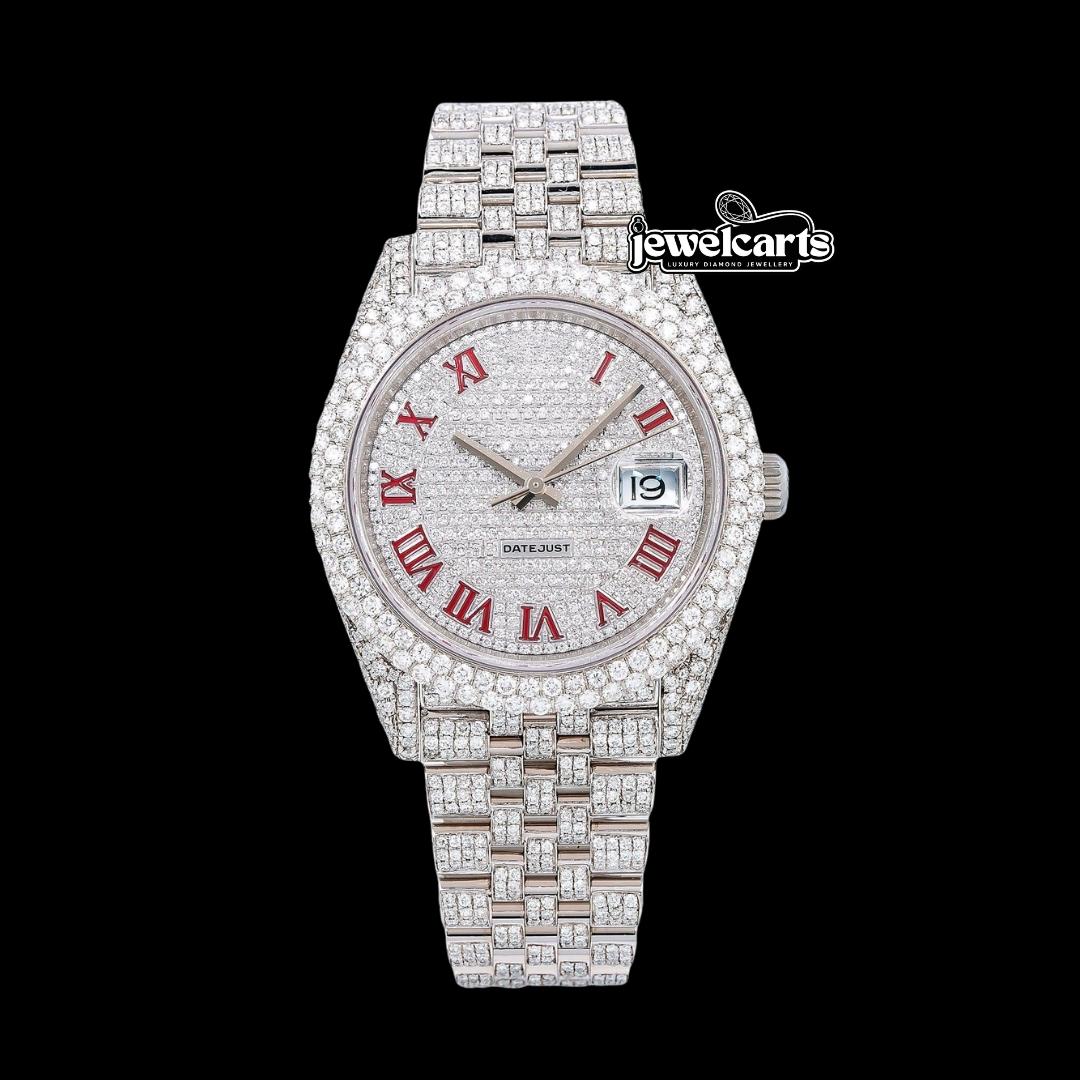 Rolex Datejust Diamond Paved White Dial Red Roman Numerals Iced Out Jubilee Bracelet Moissanite Watch Front View