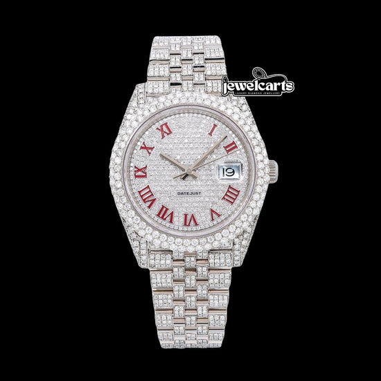 Rolex Datejust Diamond Paved White Dial Red Roman Numerals Iced Out Jubilee Bracelet Moissanite Watch Front View