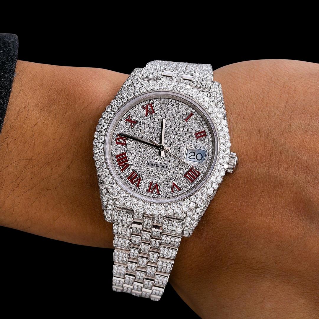 Rolex Datejust Diamond Paved White Dial Red Roman Numerals Iced Out Jubilee Bracelet Moissanite Watch On Wrist View