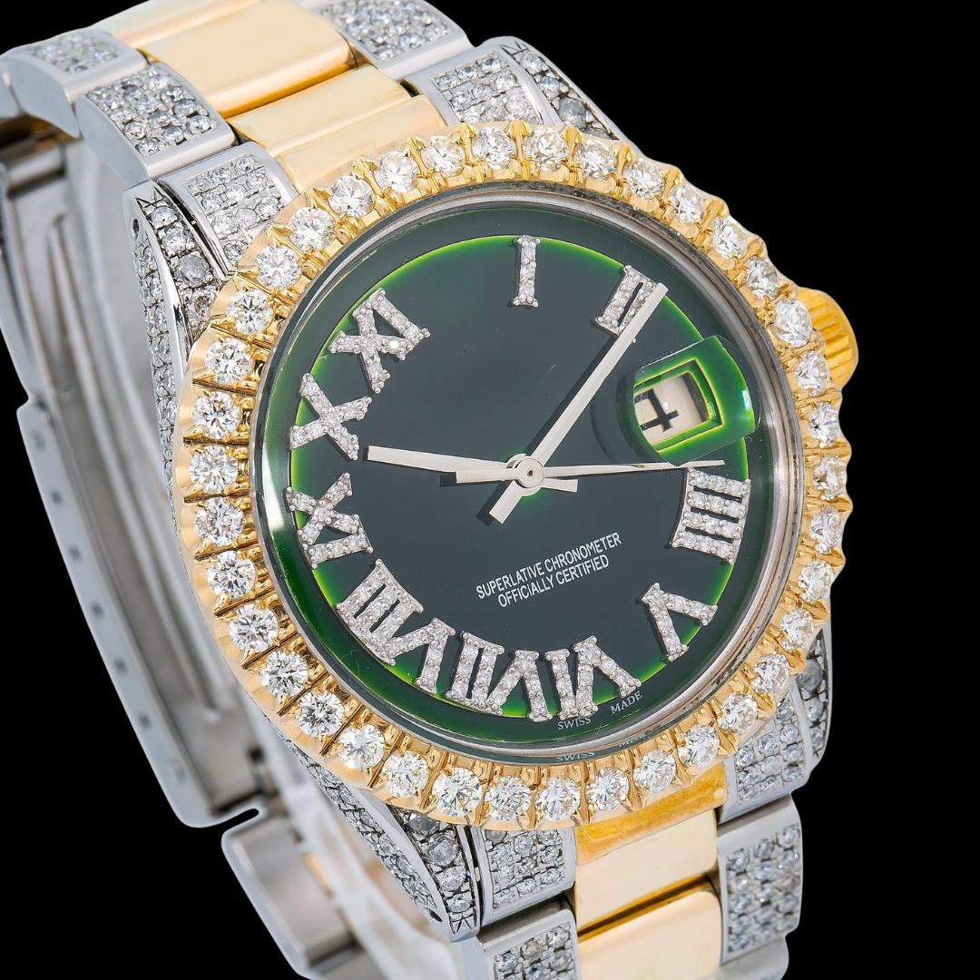 Rolex Datejust Diamond Roman Green Dial Two Tone Yellow Gold Semi Iced Out Oyster Bracelet Moissanite Watch Close Up Dial View