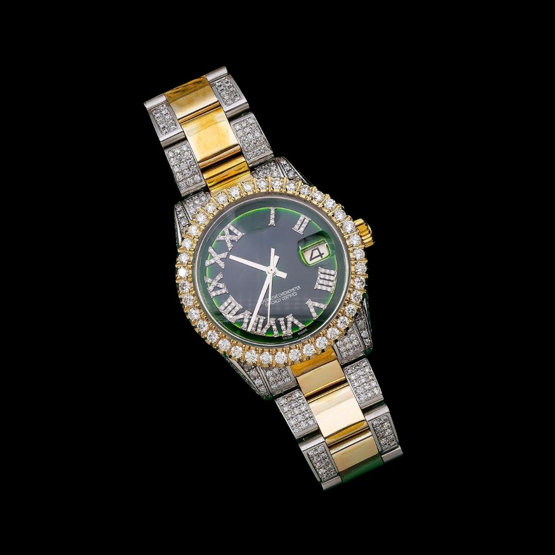 Rolex Datejust Diamond Roman Green Dial Two Tone Yellow Gold Semi Iced Out Oyster Bracelet Moissanite Watch Close Up Front View