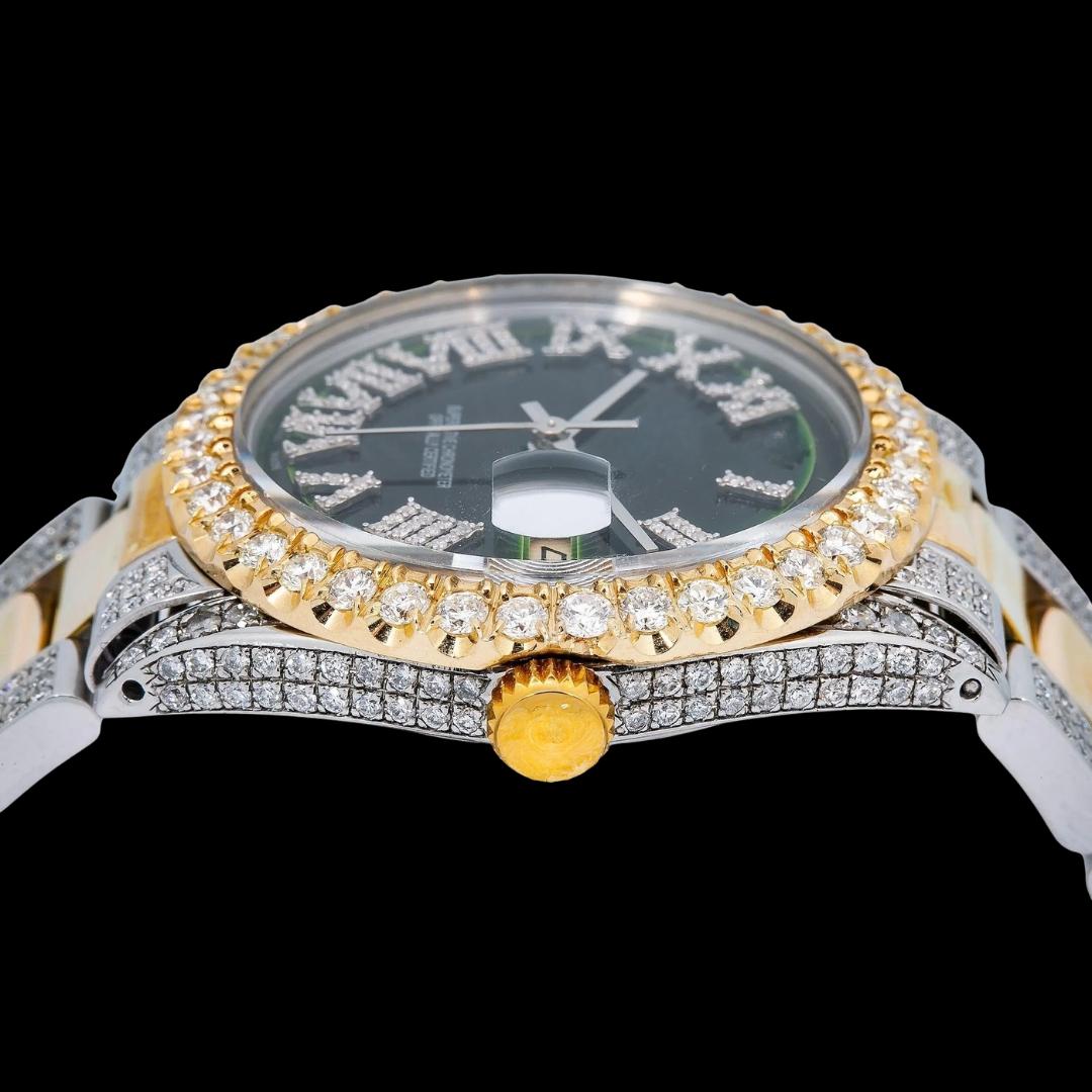 Rolex Datejust Diamond Roman Green Dial Two Tone Yellow Gold Semi Iced Out Oyster Bracelet Moissanite Watch Crown View