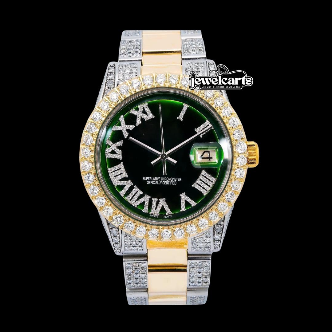 Rolex Datejust Diamond Roman Green Dial Two Tone Yellow Gold Semi Iced Out Oyster Bracelet Moissanite Watch Front View