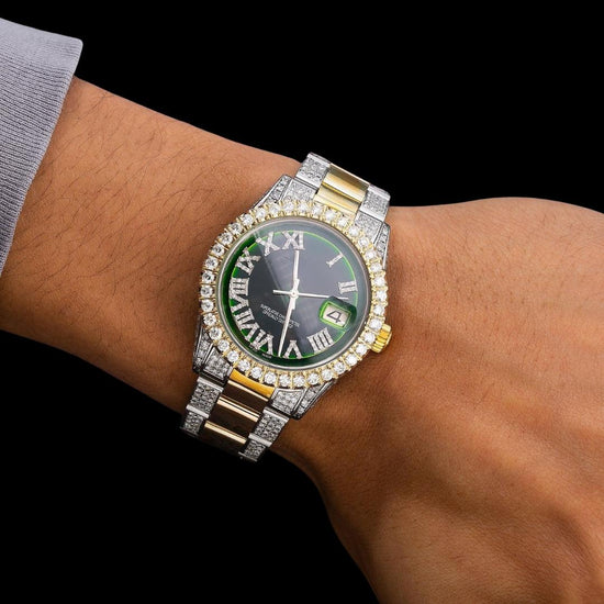 Rolex Datejust Diamond Roman Green Dial Two Tone Yellow Gold Semi Iced Out Oyster Bracelet Moissanite Watch On Wrist View