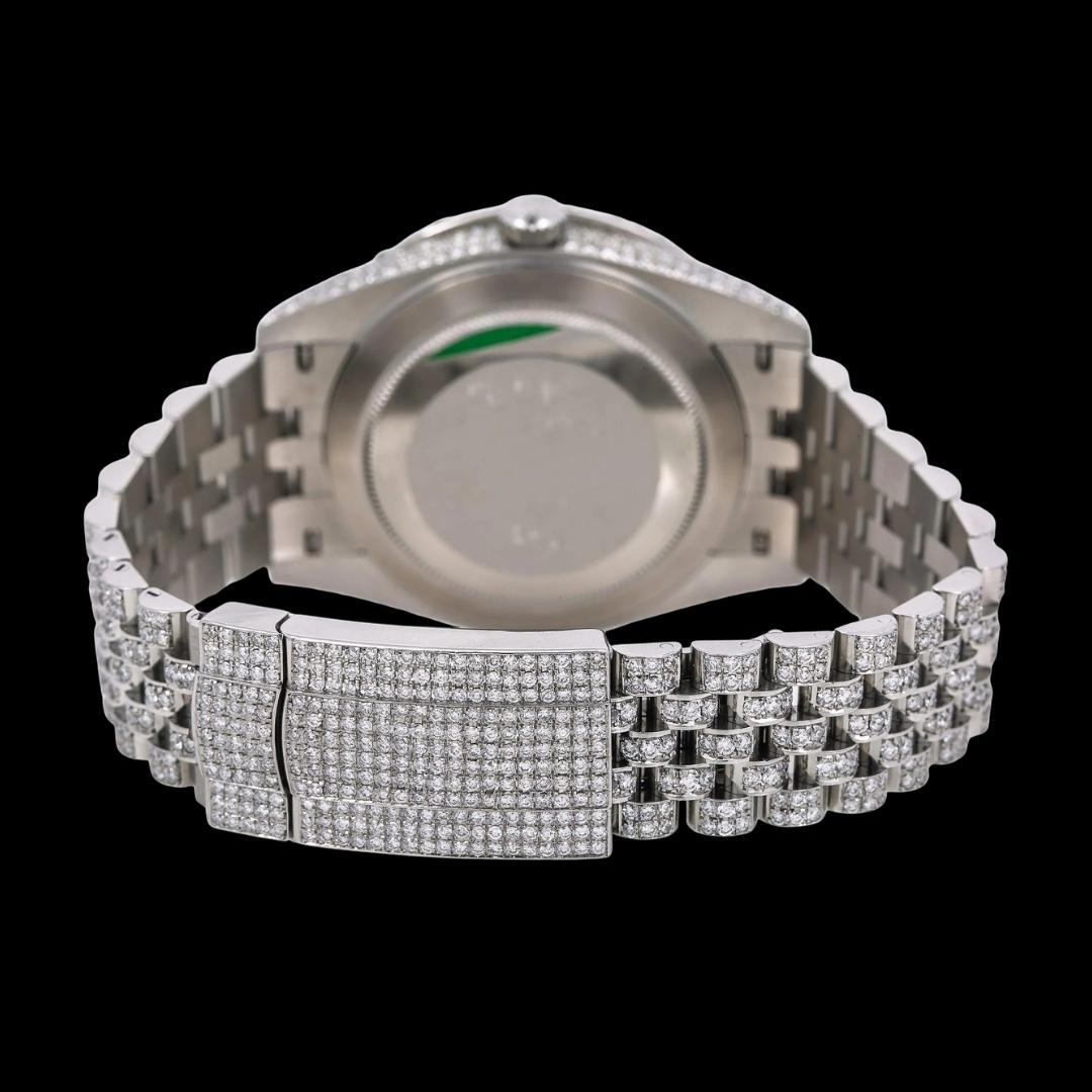 Rolex Datejust Diamond Roman Numerals Blue Dial Iced Out Jubilee Bracelet Moissanite Watch Caseback View