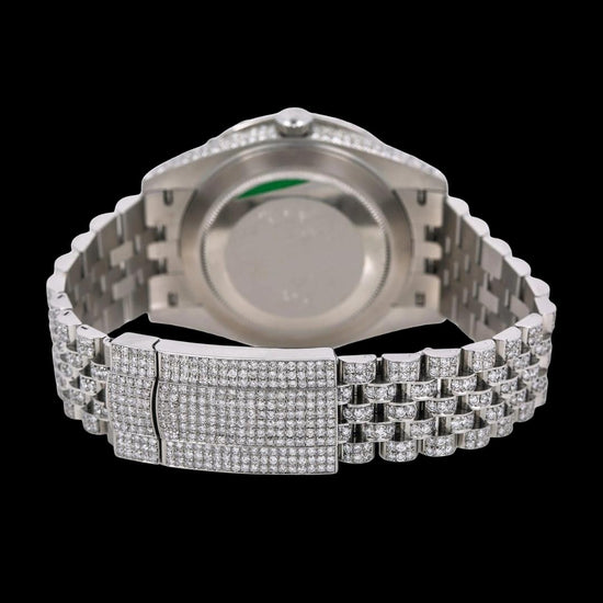 Rolex Datejust Diamond Roman Numerals Blue Dial Iced Out Jubilee Bracelet Moissanite Watch Caseback View