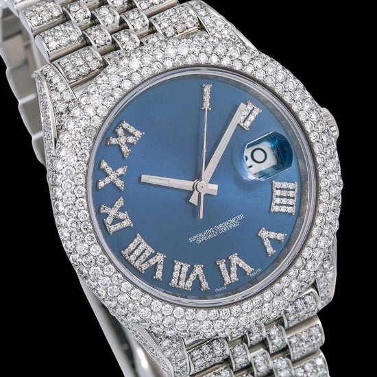Rolex Datejust Diamond Roman Numerals Blue Dial Iced Out Jubilee Bracelet Moissanite Watch Close Up Dial View