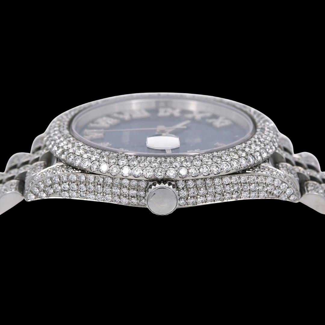 Rolex Datejust Diamond Roman Numerals Blue Dial Iced Out Jubilee Bracelet Moissanite Watch Crown View