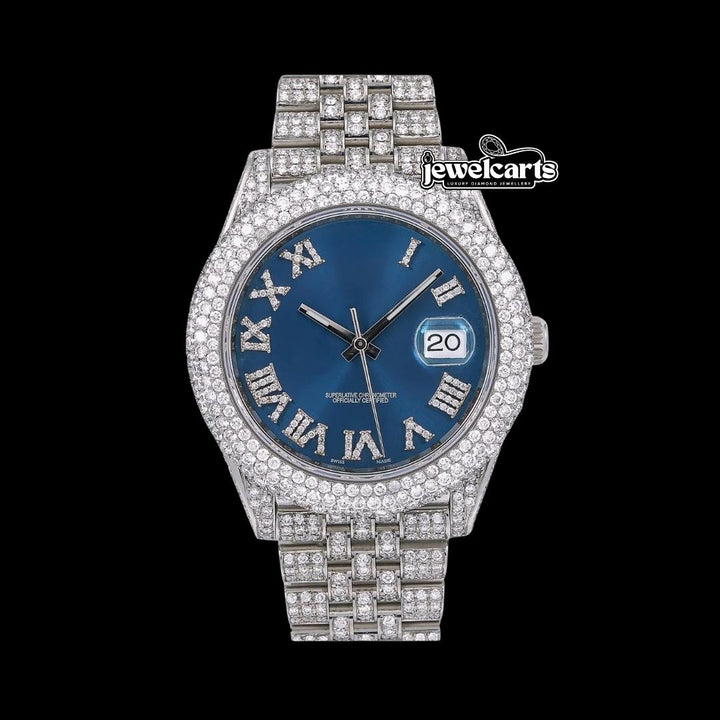 Rolex Datejust Diamond Roman Numerals Blue Dial Iced Out Jubilee Bracelet Moissanite Watch Front View