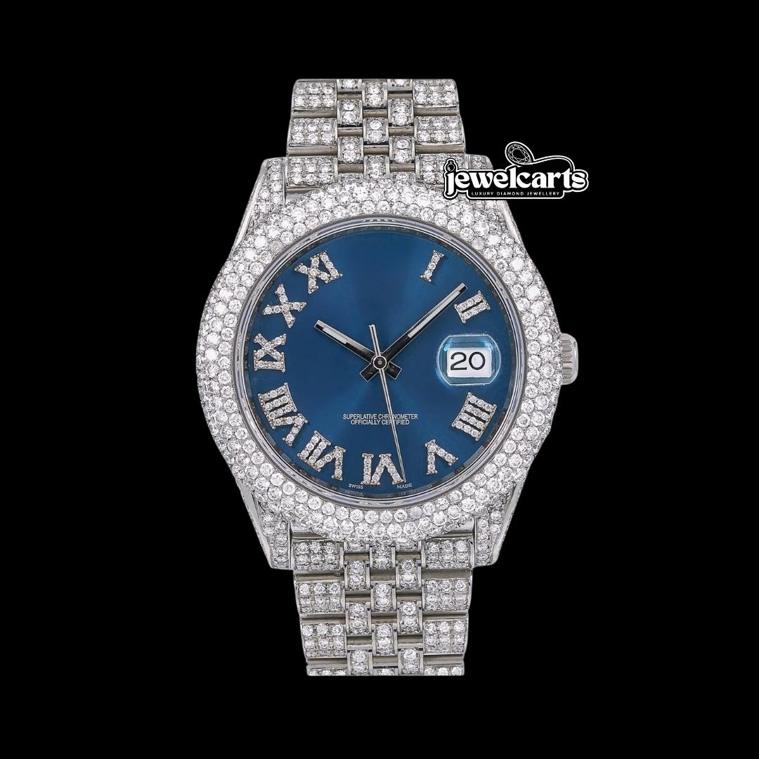 Rolex Datejust Diamond Roman Numerals Blue Dial Iced Out Jubilee Bracelet Moissanite Watch Front View