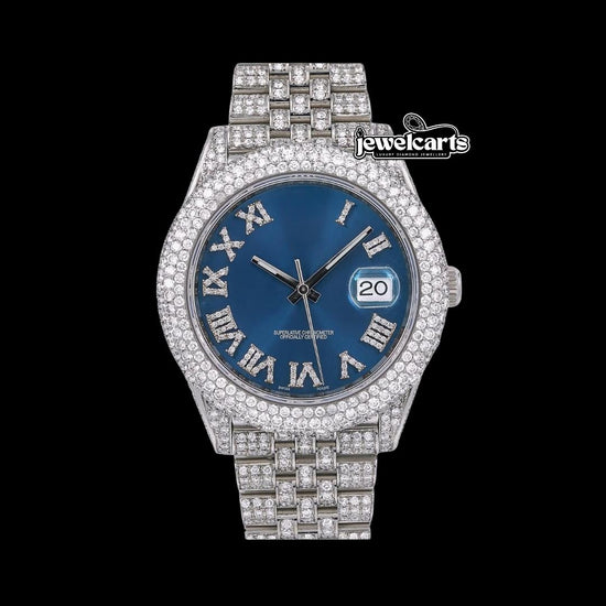 Rolex Datejust Diamond Roman Numerals Blue Dial Iced Out Jubilee Bracelet Moissanite Watch Front View