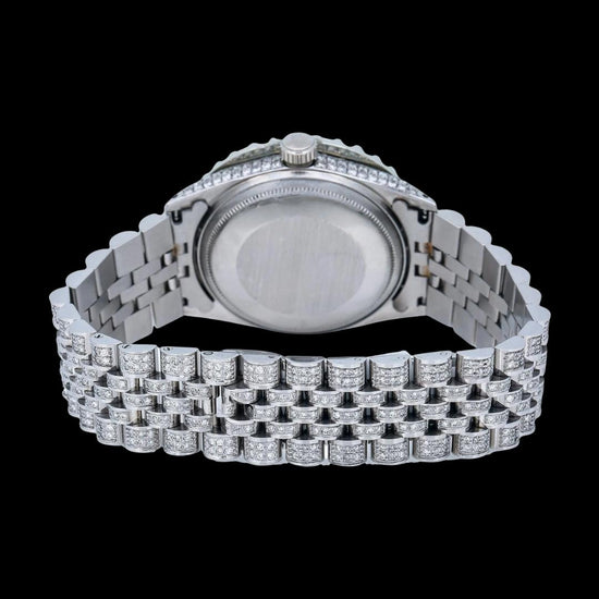 Rolex Datejust Diamond Roman Numerals Green Dial Fully Iced Out Jubilee Bracelet Moissanite Watch Caseback View