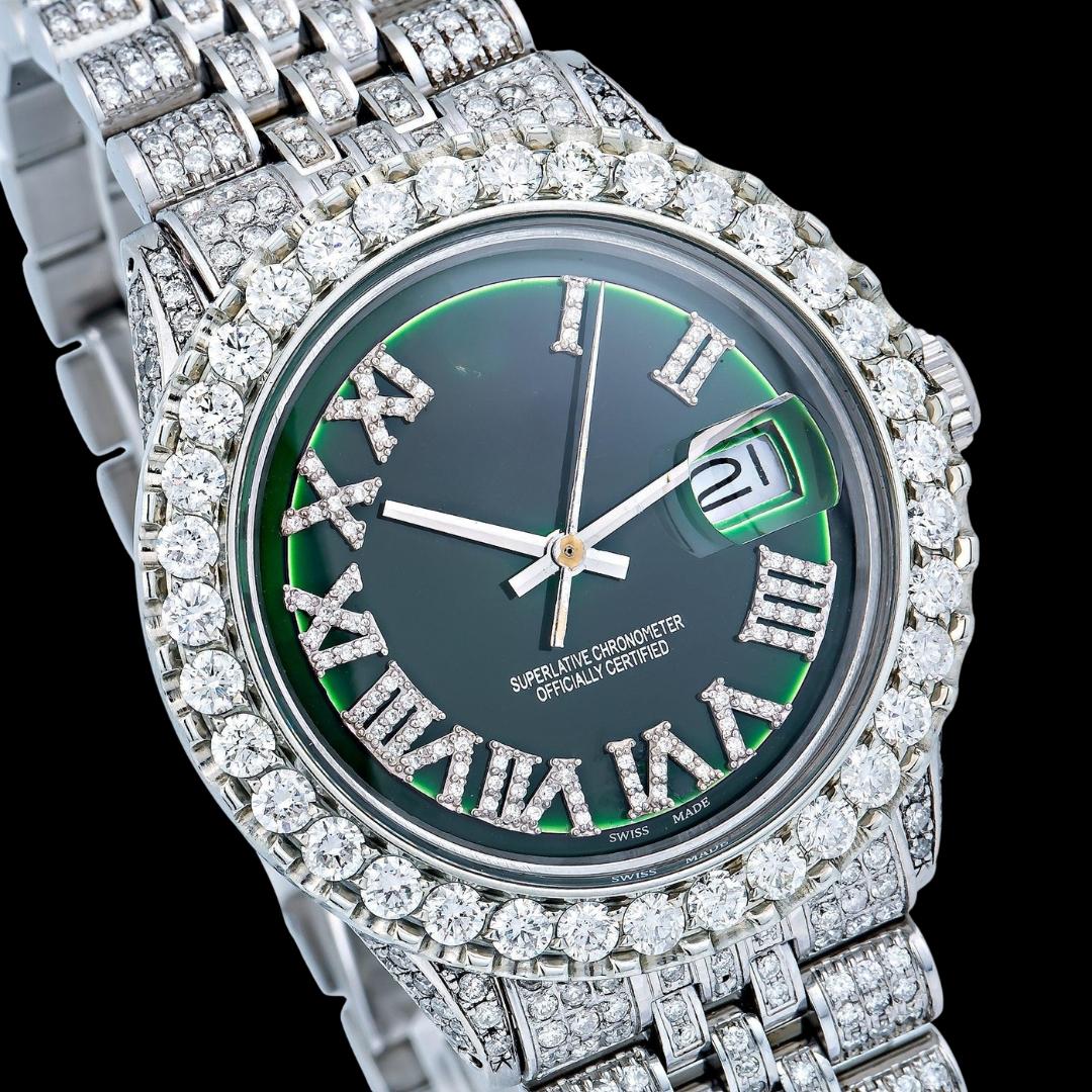 Rolex Datejust Diamond Roman Numerals Green Dial Fully Iced Out Jubilee Bracelet Moissanite Watch Close Up Dial View