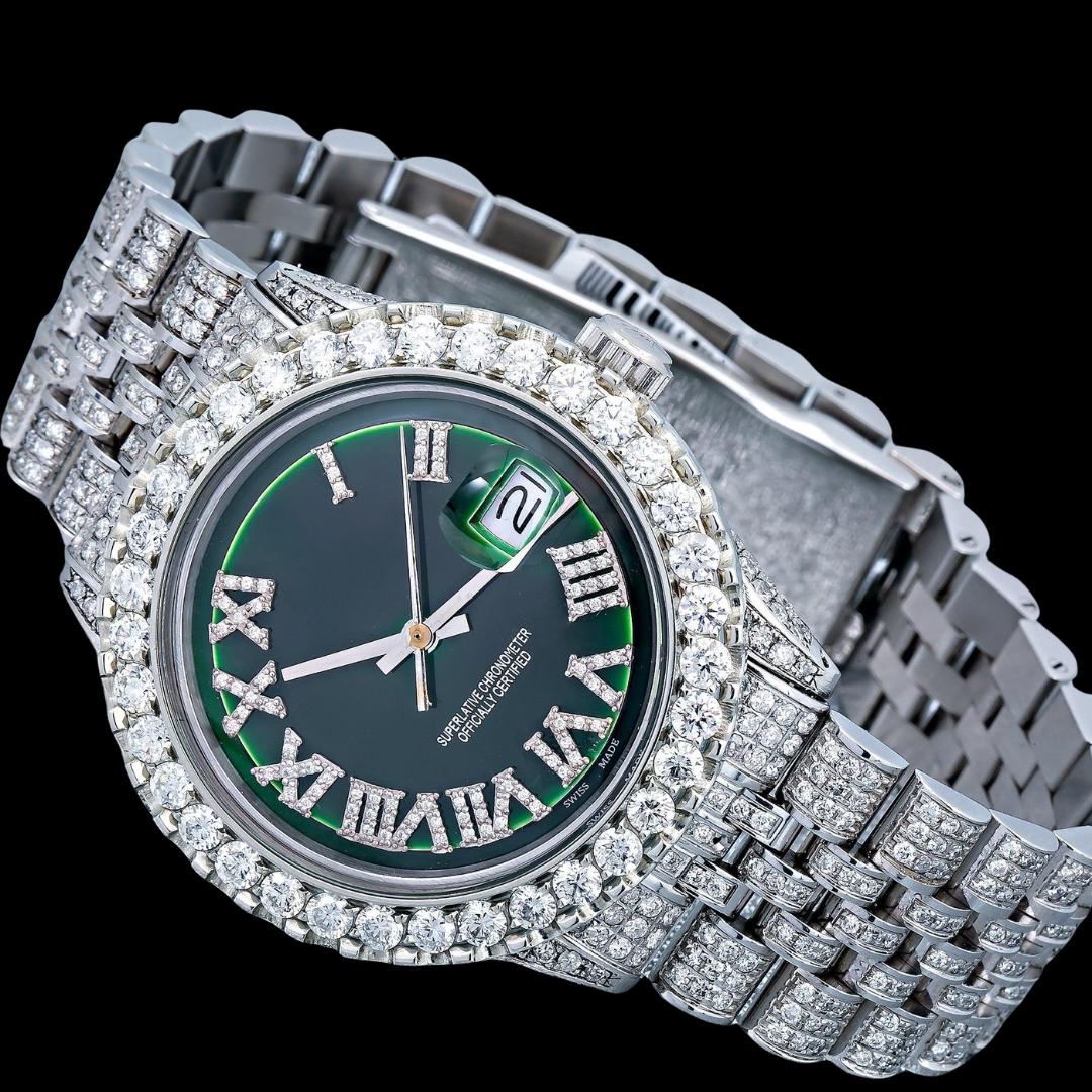 Rolex Datejust Diamond Roman Numerals Green Dial Fully Iced Out Jubilee Bracelet Moissanite Watch Close Up Front View