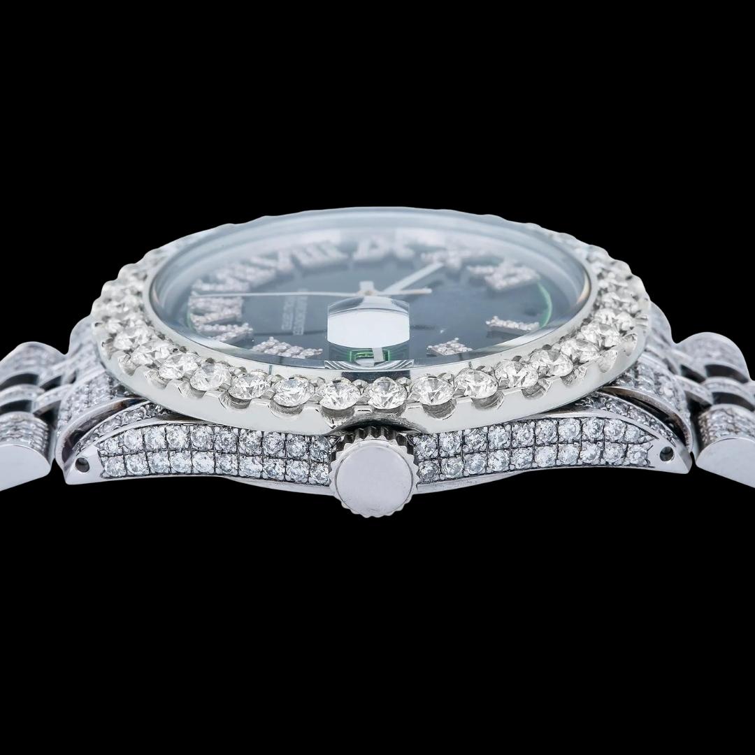 Rolex Datejust Diamond Roman Numerals Green Dial Fully Iced Out Jubilee Bracelet Moissanite Watch Crown View
