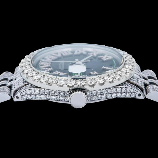 Rolex Datejust Diamond Roman Numerals Green Dial Fully Iced Out Jubilee Bracelet Moissanite Watch Crown View