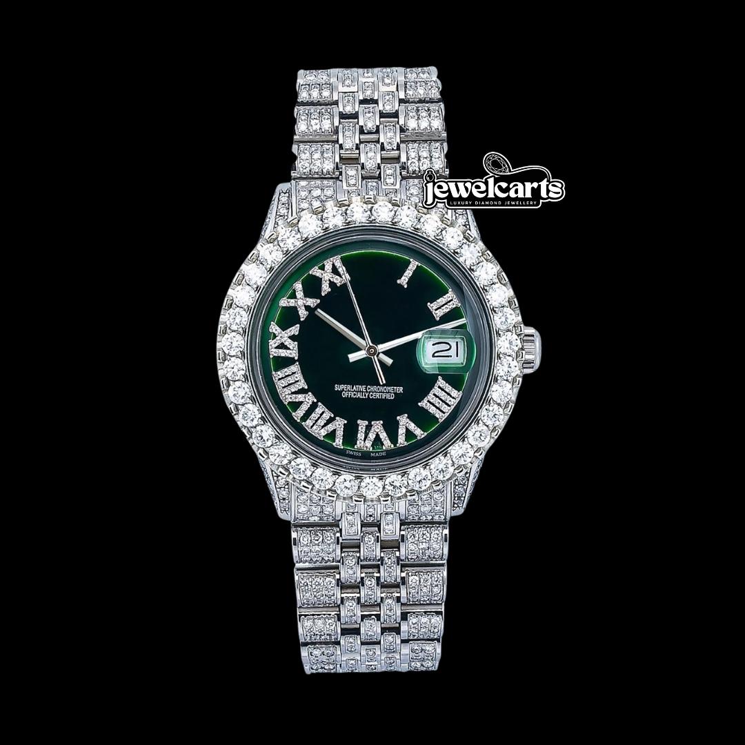 Rolex Datejust Diamond Roman Numerals Green Dial Fully Iced Out Jubilee Bracelet Moissanite Watch Front View