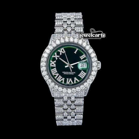 Rolex Datejust Diamond Roman Numerals Green Dial Fully Iced Out Jubilee Bracelet Moissanite Watch Front View