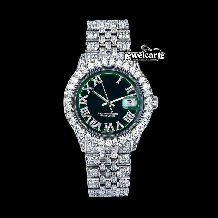 Rolex Datejust Diamond Roman Numerals Green Dial Fully Iced Out Jubilee Bracelet Moissanite Watch Front View