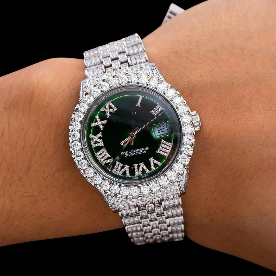 Rolex Datejust Diamond Roman Numerals Green Dial Fully Iced Out Jubilee Bracelet Moissanite Watch On Wrist View