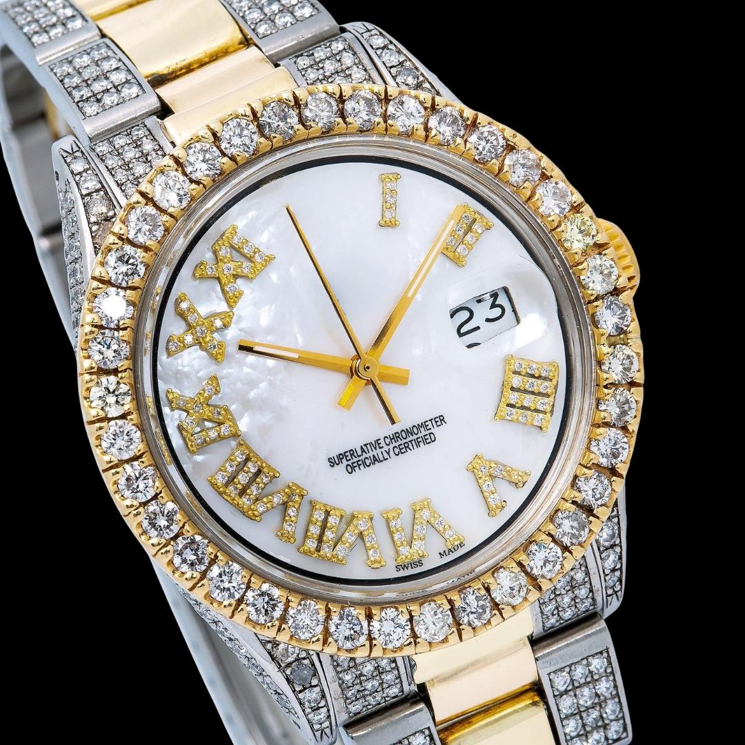Rolex Datejust Diamond Roman Numerals White Dial Two Tone Two Tone Yellow Gold Semi Jubilee Bracelet Watch Close Up Dial View