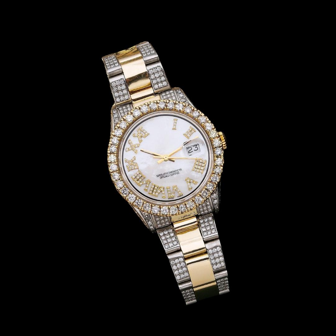 Rolex Datejust Diamond Roman Numerals White Dial Two Tone Two Tone Yellow Gold Semi Jubilee Bracelet Watch Close Up Front View