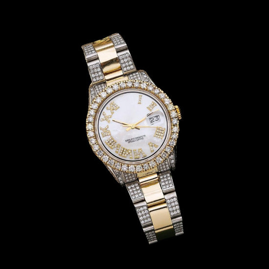 Rolex Datejust Diamond Roman Numerals White Dial Two Tone Two Tone Yellow Gold Semi Jubilee Bracelet Watch Close Up Front View