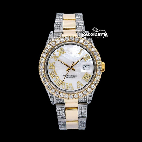 Rolex Datejust Diamond Roman Numerals White Dial Two Tone Two Tone Yellow Gold Semi Jubilee Bracelet Watch Front View