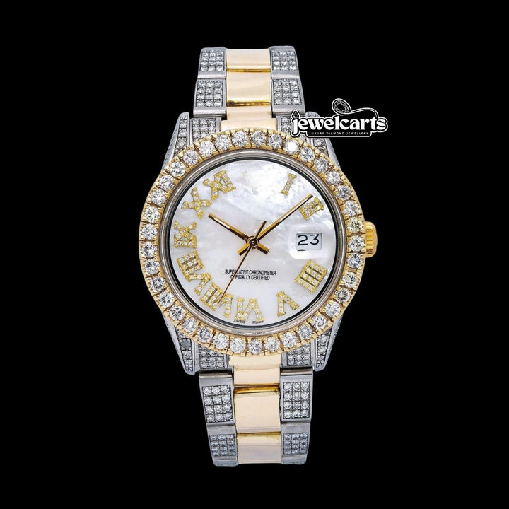 Rolex Datejust Diamond Roman Numerals White Dial Two Tone Two Tone Yellow Gold Semi Jubilee Bracelet Watch Front View