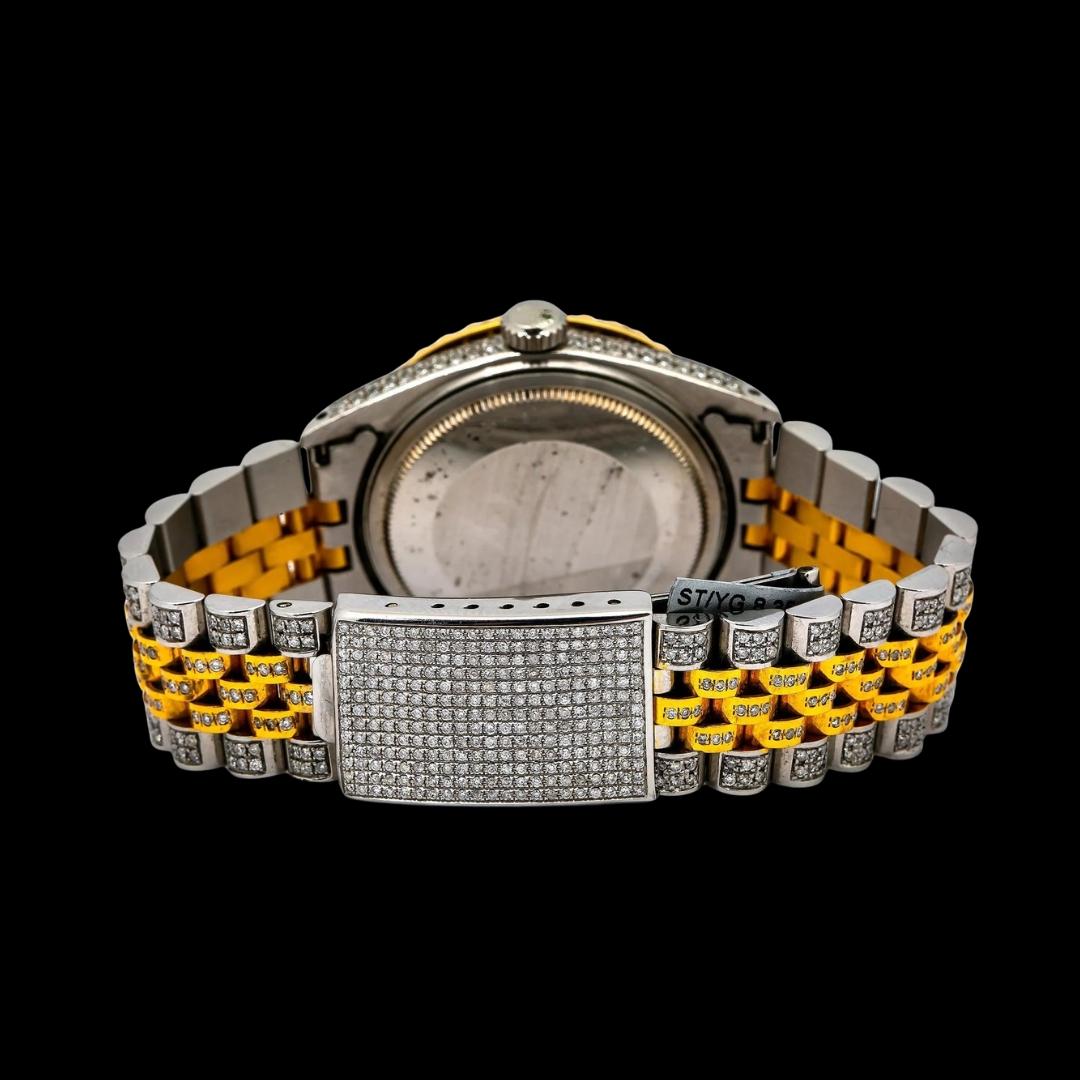 Rolex Datejust Gray Baguette Diamond Markers Dial Jubilee Bracelet Two Tone Yellow Gold Iced Out Moissanite Watch Caseback View