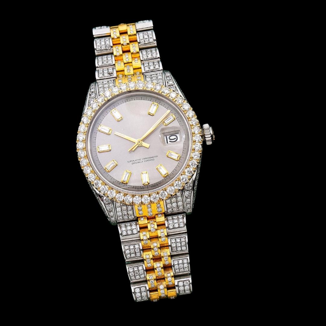 Rolex Datejust Gray Baguette Diamond Markers Dial Jubilee Bracelet Two Tone Yellow Gold Iced Out Moissanite Watch Close Up Front View