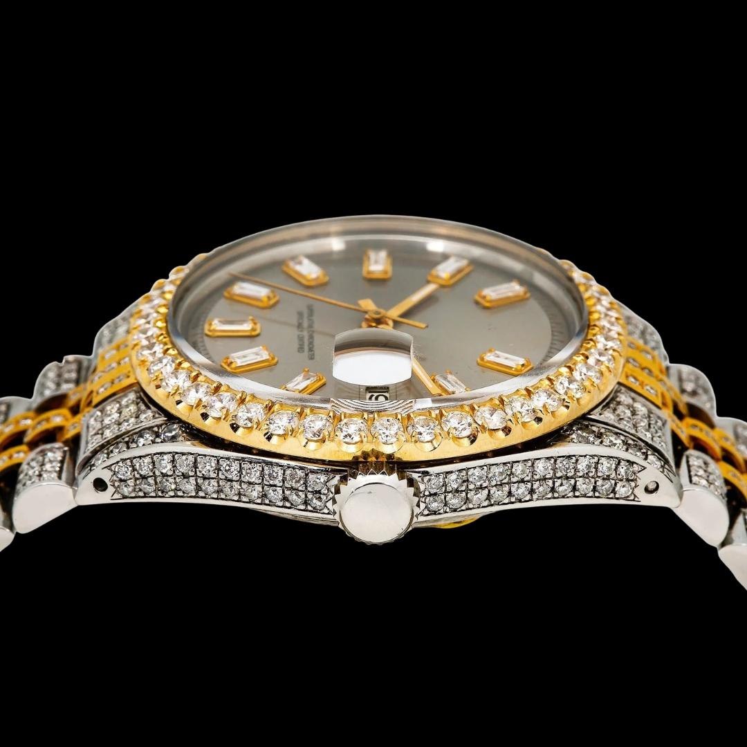 Rolex Datejust Gray Baguette Diamond Markers Dial Jubilee Bracelet Two Tone Yellow Gold Iced Out Moissanite Watch Crown View