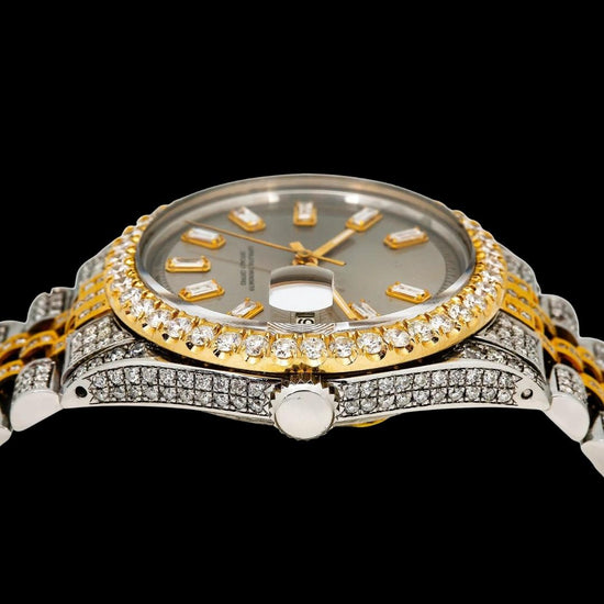 Rolex Datejust Gray Baguette Diamond Markers Dial Jubilee Bracelet Two Tone Yellow Gold Iced Out Moissanite Watch Crown View