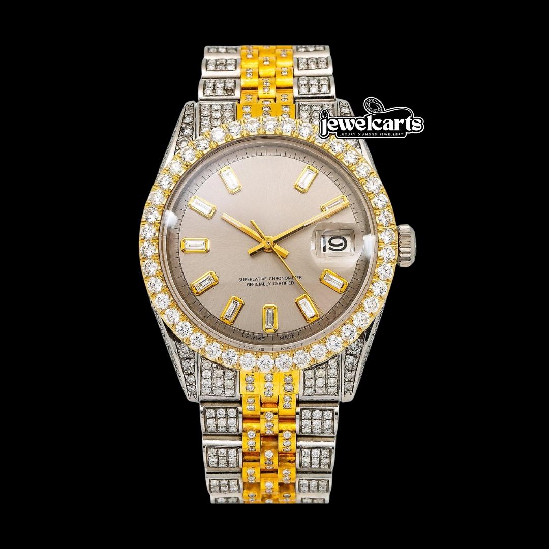 Rolex Datejust Gray Baguette Diamond Markers Dial Jubilee Bracelet Two Tone Yellow Gold Iced Out Moissanite Watch Front View