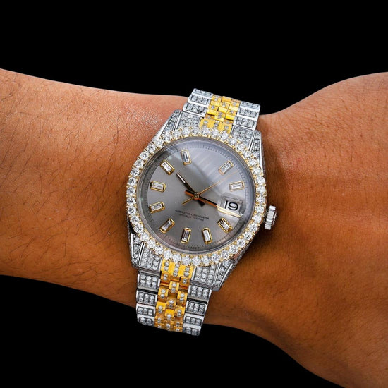 Rolex Datejust Gray Baguette Diamond Markers Dial Jubilee Bracelet Two Tone Yellow Gold Iced Out Moissanite Watch On Wrist View