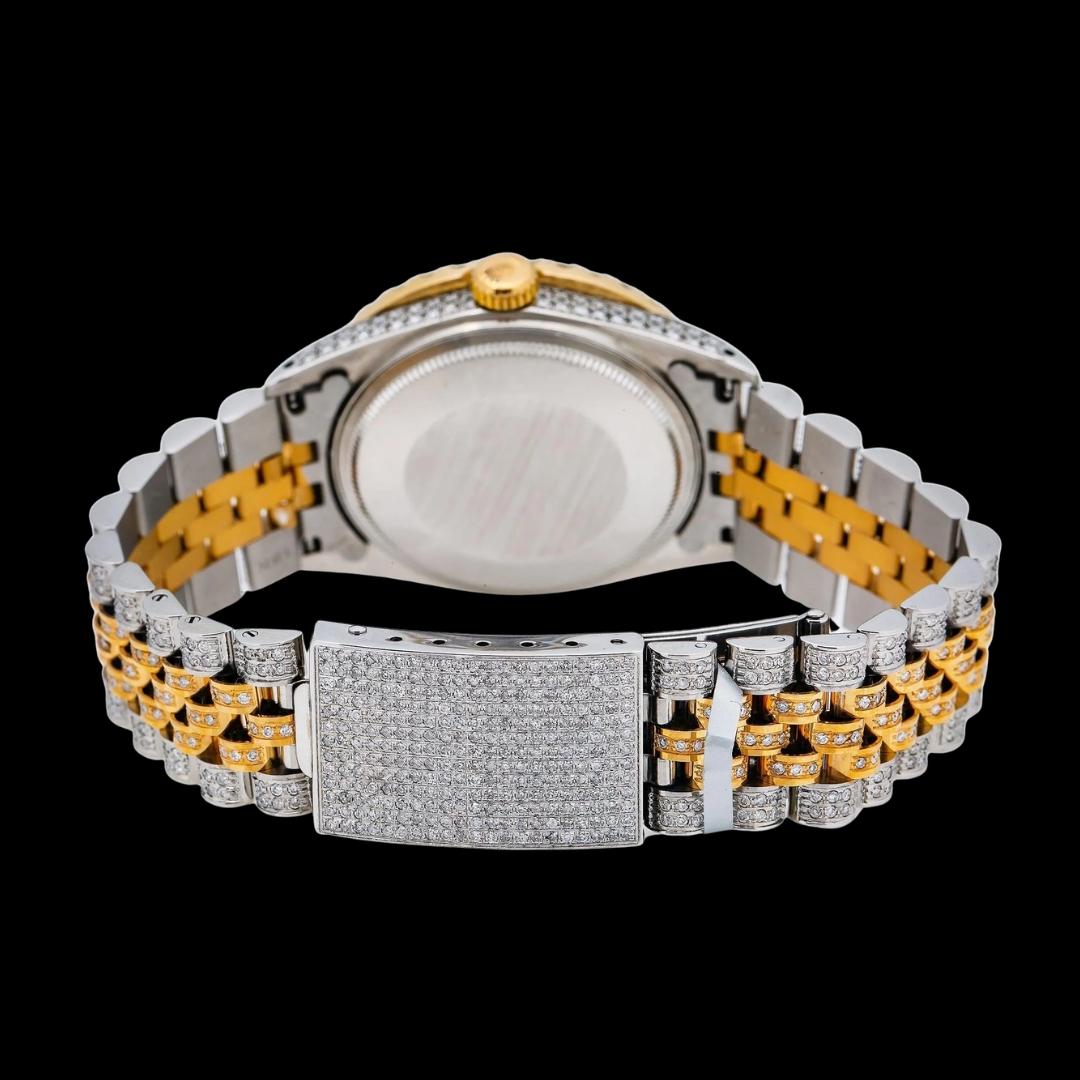 Rolex Datejust Green Arabic Dial Diamond Bezel Two Tone Yellow Gold Jubilee Bracelet Moissanite Watch Caseback View