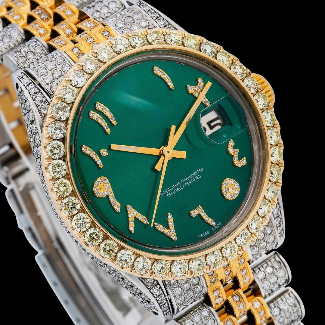Rolex Datejust Green Arabic Dial Diamond Bezel Two Tone Yellow Gold Jubilee Bracelet Moissanite Watch Close Up Dial View