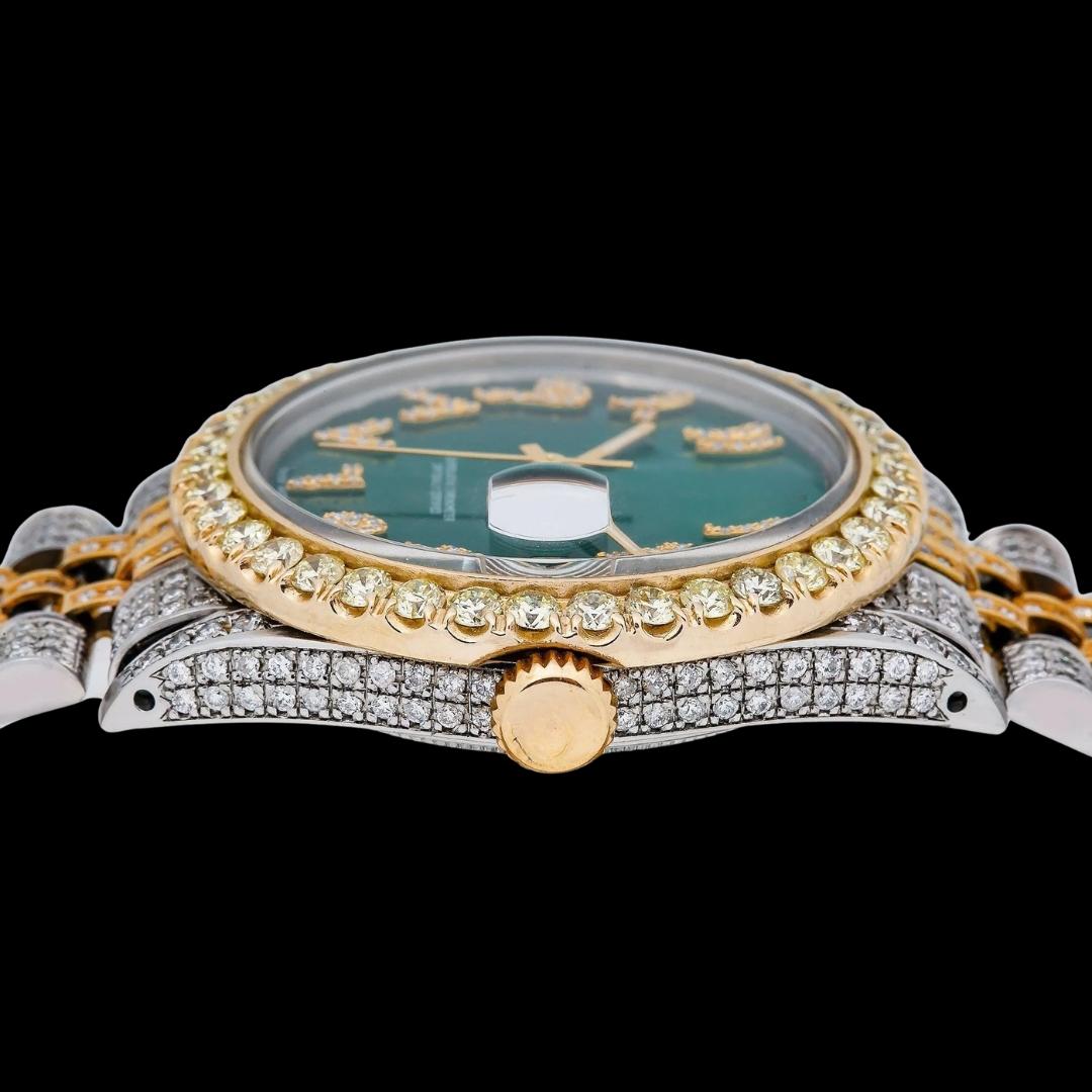 Rolex Datejust Green Arabic Dial Diamond Bezel Two Tone Yellow Gold Jubilee Bracelet Moissanite Watch Crown View