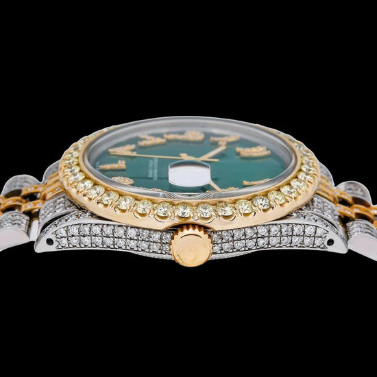 Rolex Datejust Green Arabic Dial Diamond Bezel Two Tone Yellow Gold Jubilee Bracelet Moissanite Watch Crown View