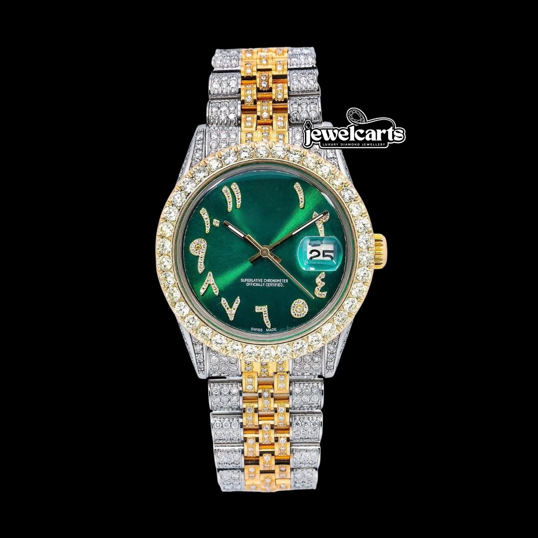 Rolex Datejust Green Arabic Dial Diamond Bezel Two Tone Yellow Gold Jubilee Bracelet Moissanite Watch Front View