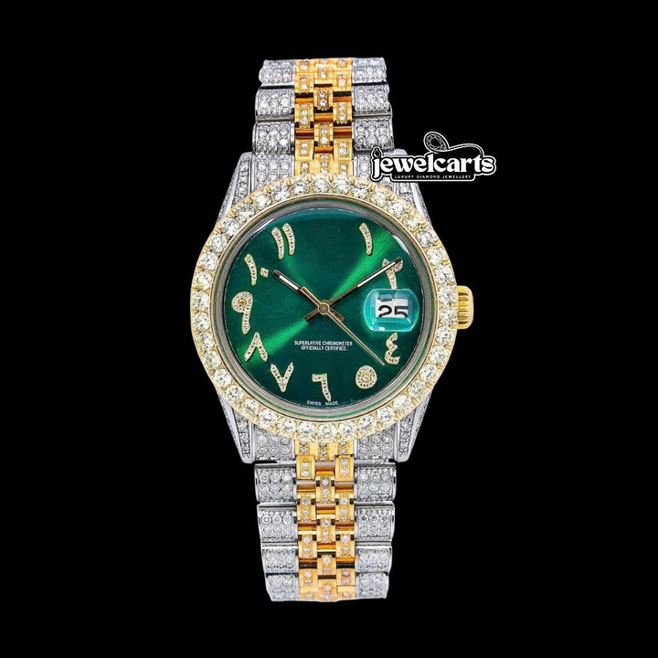 Rolex Datejust Green Arabic Dial Diamond Bezel Two Tone Yellow Gold Jubilee Bracelet Moissanite Watch Front View
