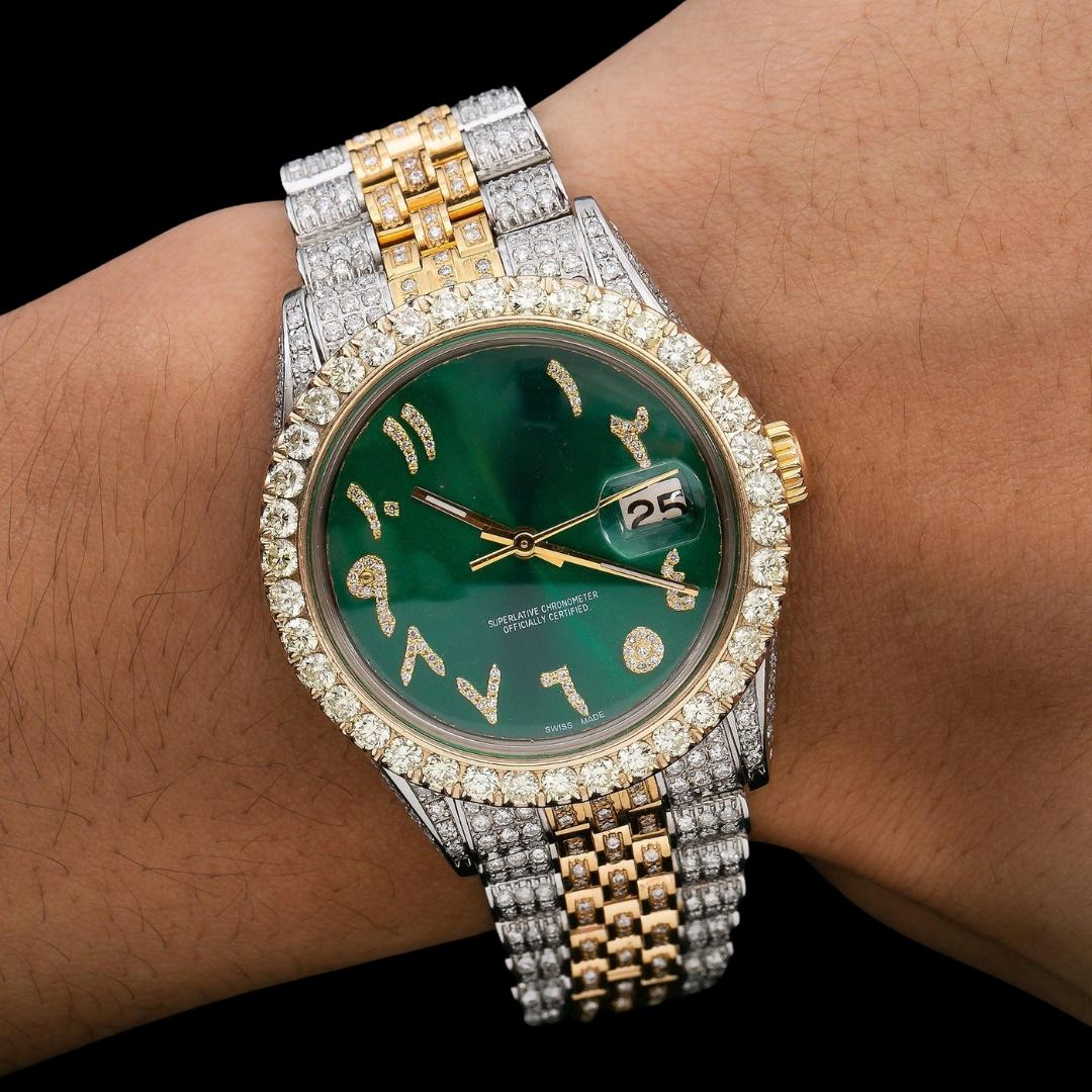 Rolex Datejust Green Arabic Dial Diamond Bezel Two Tone Yellow Gold Jubilee Bracelet Moissanite Watch On Wrist View
