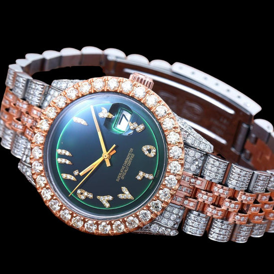 Rolex Datejust Green Arabic Diamond Dial Diamond Bezel Two Tone Rose Gold Jubilee Bracelet Watch Close Up Front View