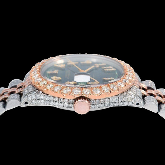 Rolex Datejust Green Arabic Diamond Dial Diamond Bezel Two Tone Rose Gold Jubilee Bracelet Watch Crown View