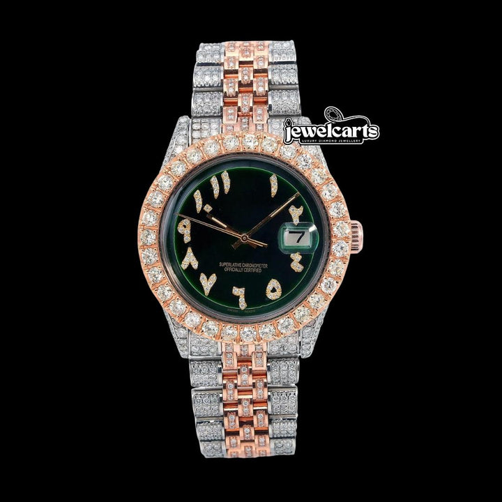 Rolex Datejust Green Arabic Diamond Dial Diamond Bezel Two Tone Rose Gold Jubilee Bracelet Watch Front View
