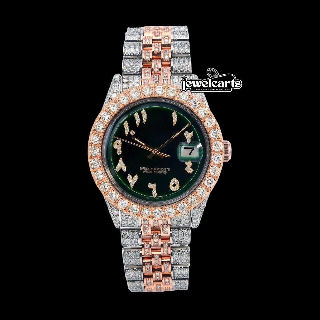 Rolex Datejust Green Arabic Diamond Dial Diamond Bezel Two Tone Rose Gold Jubilee Bracelet Watch Front View