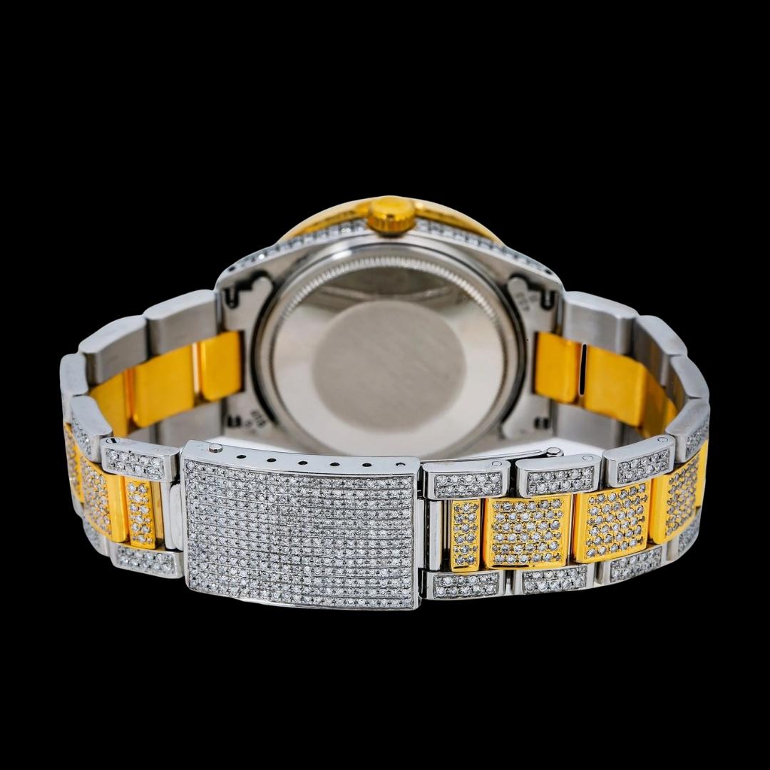 Rolex Datejust Green Dial Diamond Arabic Numerals Two Tone Yellow Gold Oyster Bracelet Iced Out Moissanite Watch Caseback View