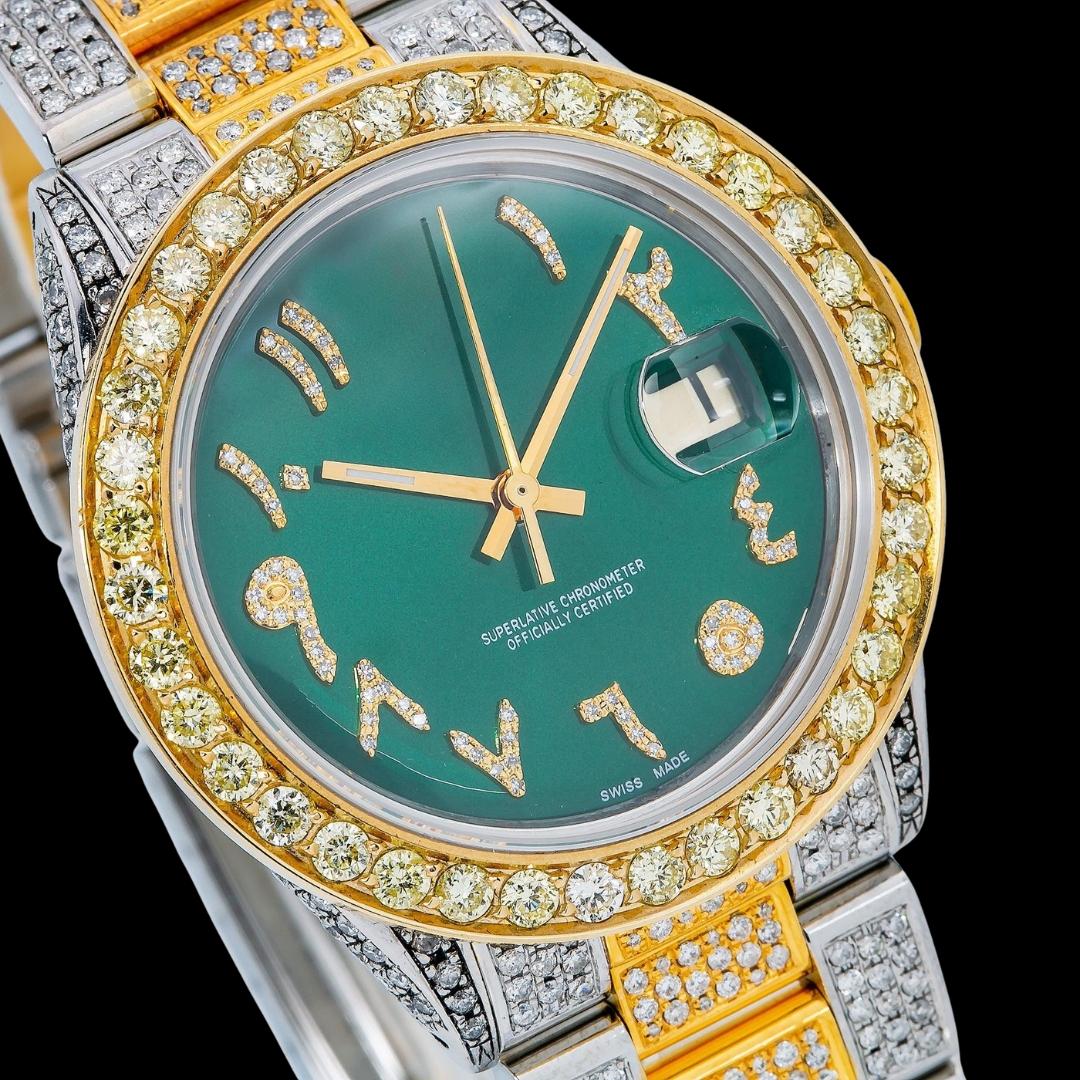 Rolex Datejust Green Dial Diamond Arabic Numerals Two Tone Yellow Gold Oyster Bracelet Iced Out Moissanite Watch Close Up Dial View