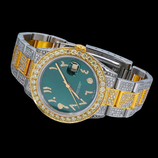 Rolex Datejust Green Dial Diamond Arabic Numerals Two Tone Yellow Gold Oyster Bracelet Iced Out Moissanite Watch Close Up Front View